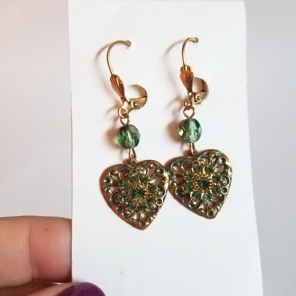 Hand Crafted Hearted Shaped Green Rhinestone Earrings - Picture 4 of 9